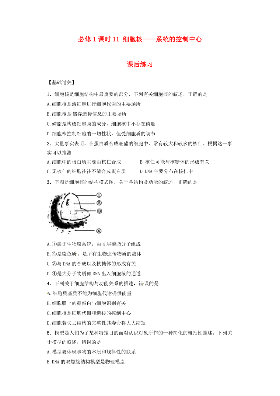 內(nèi)蒙古杭錦后旗奮斗中學(xué)2015-2016學(xué)年高中生物 課時11 細(xì)胞核-系統(tǒng)的控制中心課后練習(xí) 新人教版必修1_第1頁