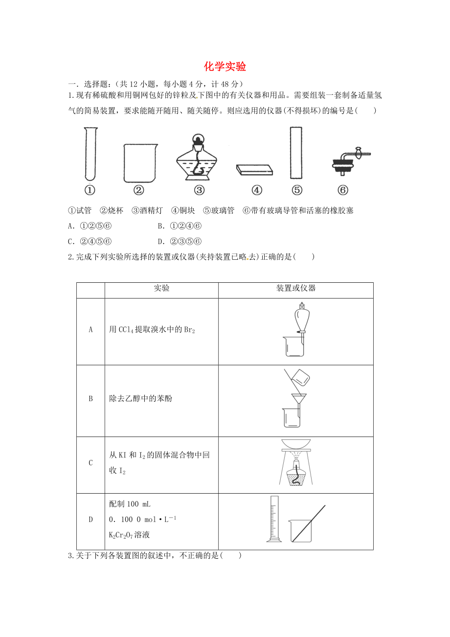 安徽省安庆二中2016届高考化学 化学实验单元突破训练_第1页