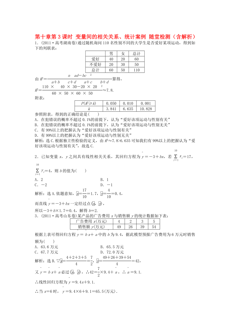 （安徽專用）2013年高考數(shù)學(xué)總復(fù)習(xí) 第十章第3課時(shí) 變量間的相關(guān)關(guān)系、統(tǒng)計(jì)案例隨堂檢測（含解析）_第1頁