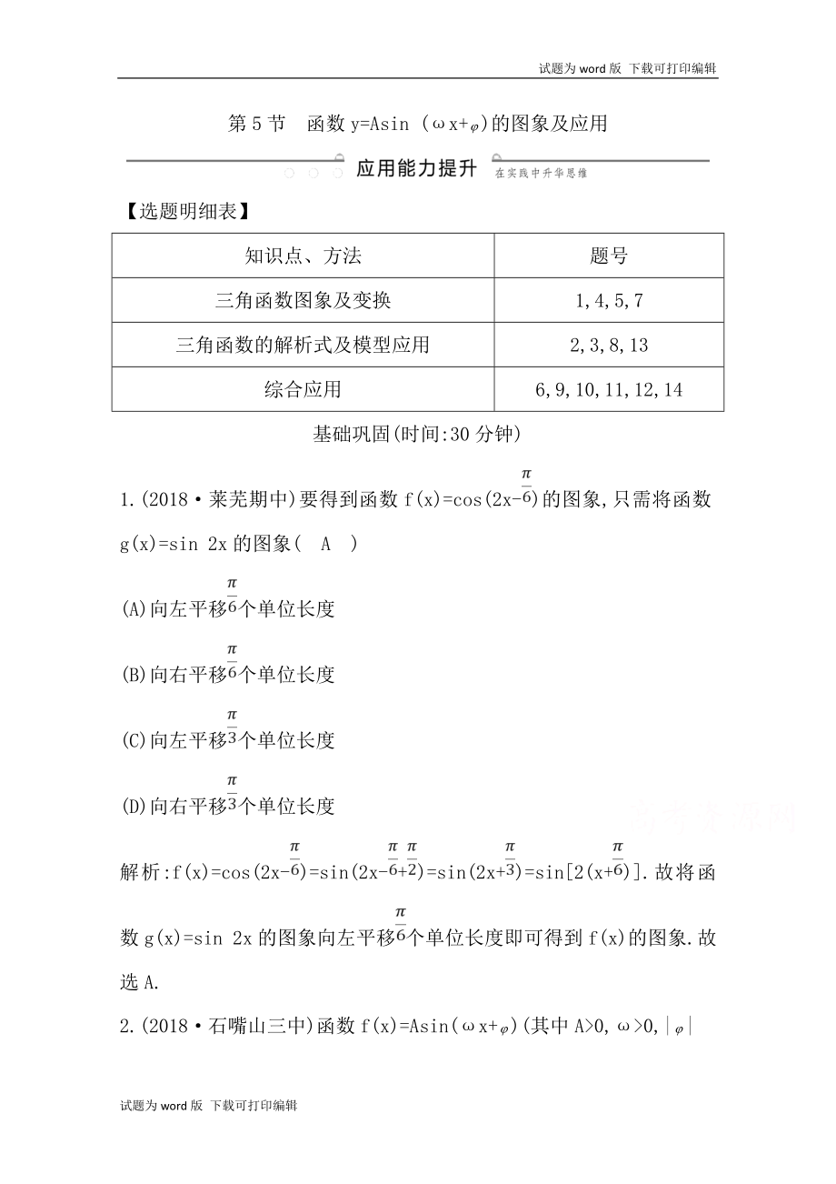 版導與練一輪復習文科數(shù)學習題：第三篇　三角函數(shù)、解三角形必修4、必修5 第5節(jié)　函數(shù)y=Asin ωxφ的圖象及應用 Word版含解析(數(shù)理化網(wǎng))_第1頁