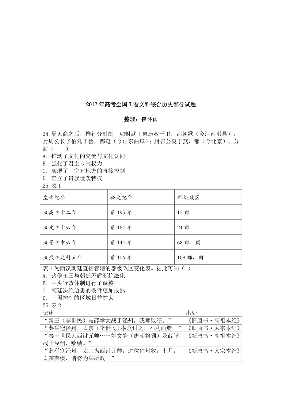 高考全国卷I文科综合历史部分试题(含答案)名师制作优质教学资料_第1页