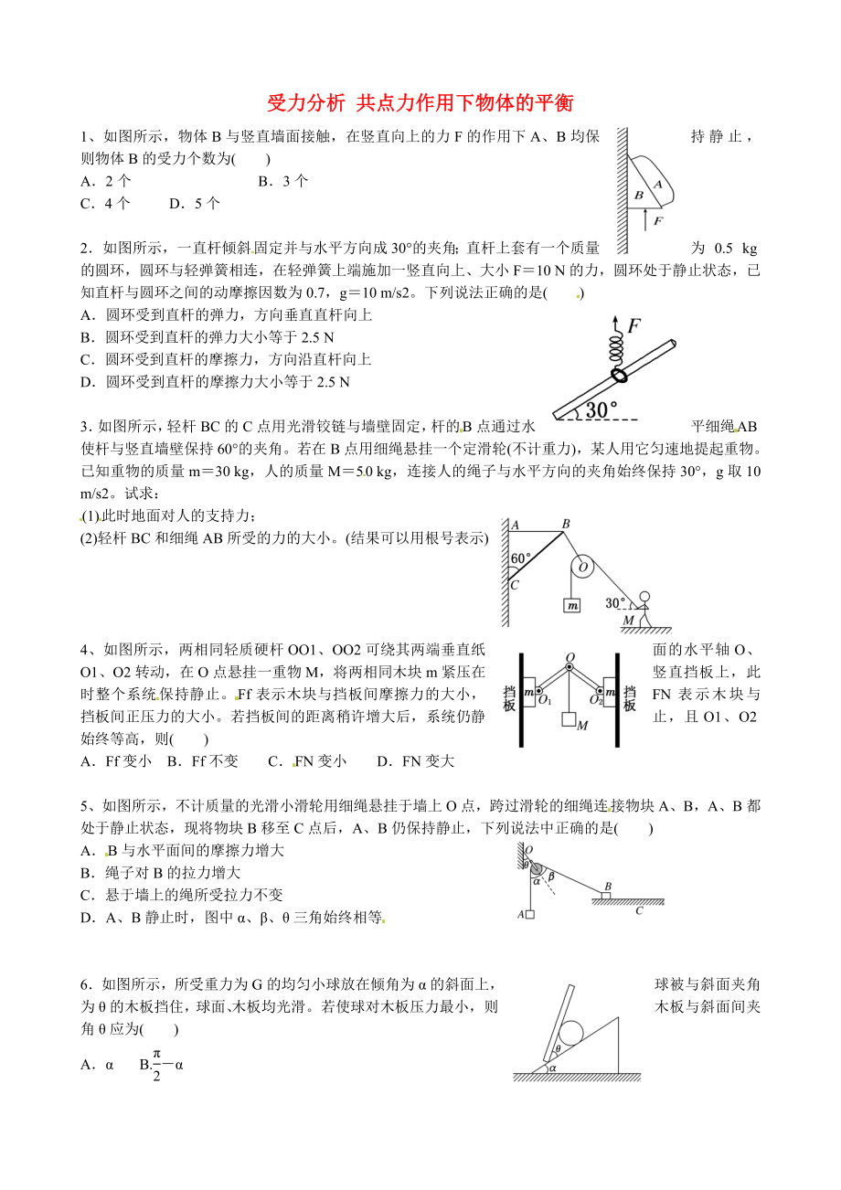 湖南省湘潭市鳳凰中學(xué)2015屆高考物理一輪復(fù)習(xí) 培訓(xùn)檢測(cè)試題 受力分析 共點(diǎn)力作用下物體的平衡_第1頁(yè)