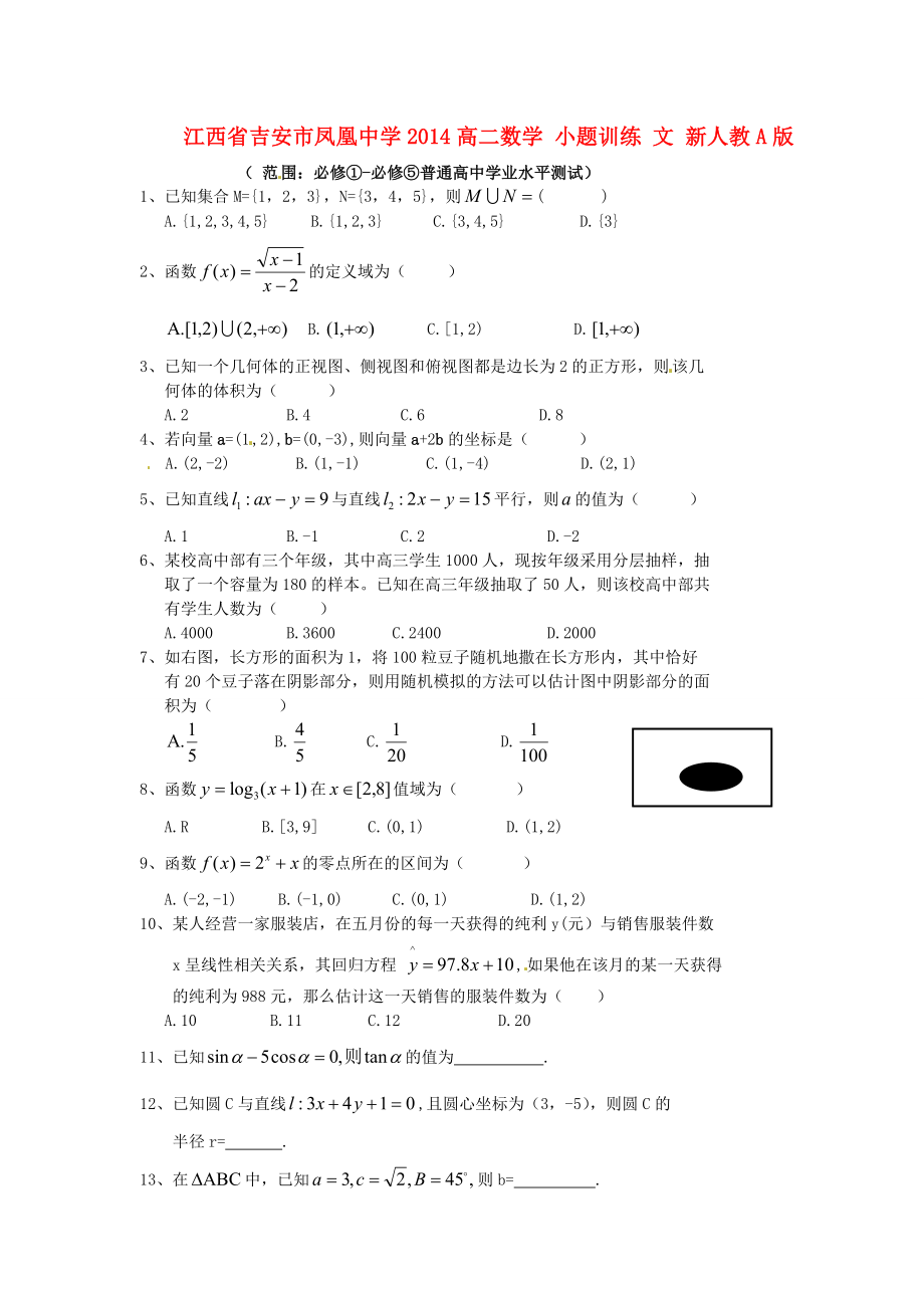 江西省吉安市鳳凰中學(xué)2014高二數(shù)學(xué) 小題訓(xùn)練 文 新人教A版_第1頁