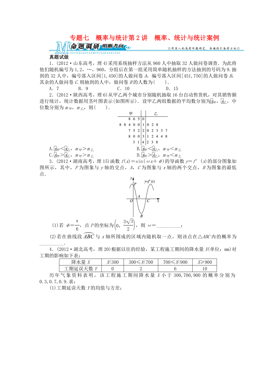 湖南省2013年高考數(shù)學(xué)第二輪復(fù)習(xí) 專題七 概率與統(tǒng)計第2講 概率、統(tǒng)計與統(tǒng)計案例 理_第1頁