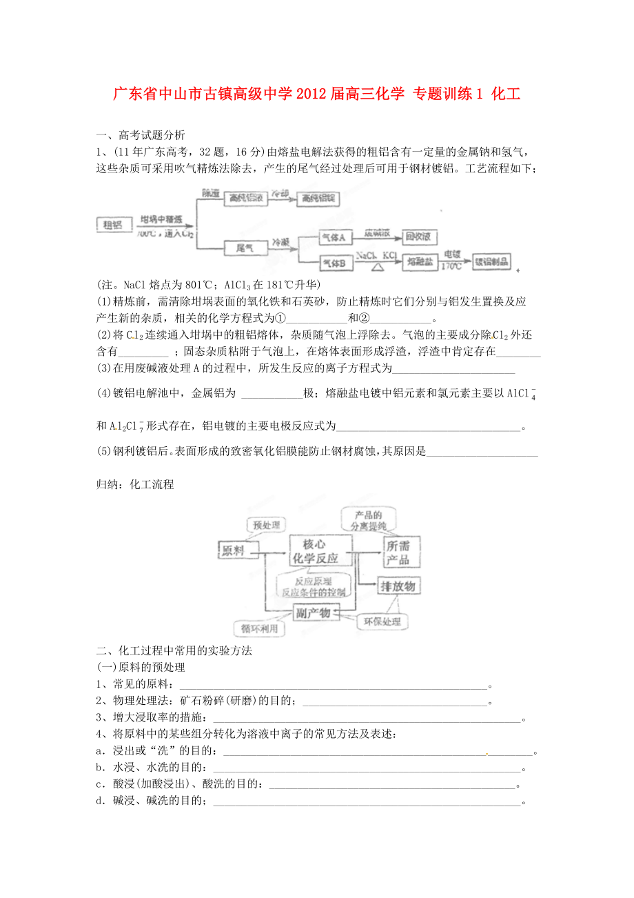 廣東省中山市古鎮(zhèn)高級(jí)中學(xué)2012屆高三化學(xué) 專(zhuān)題訓(xùn)練1 化工_第1頁(yè)