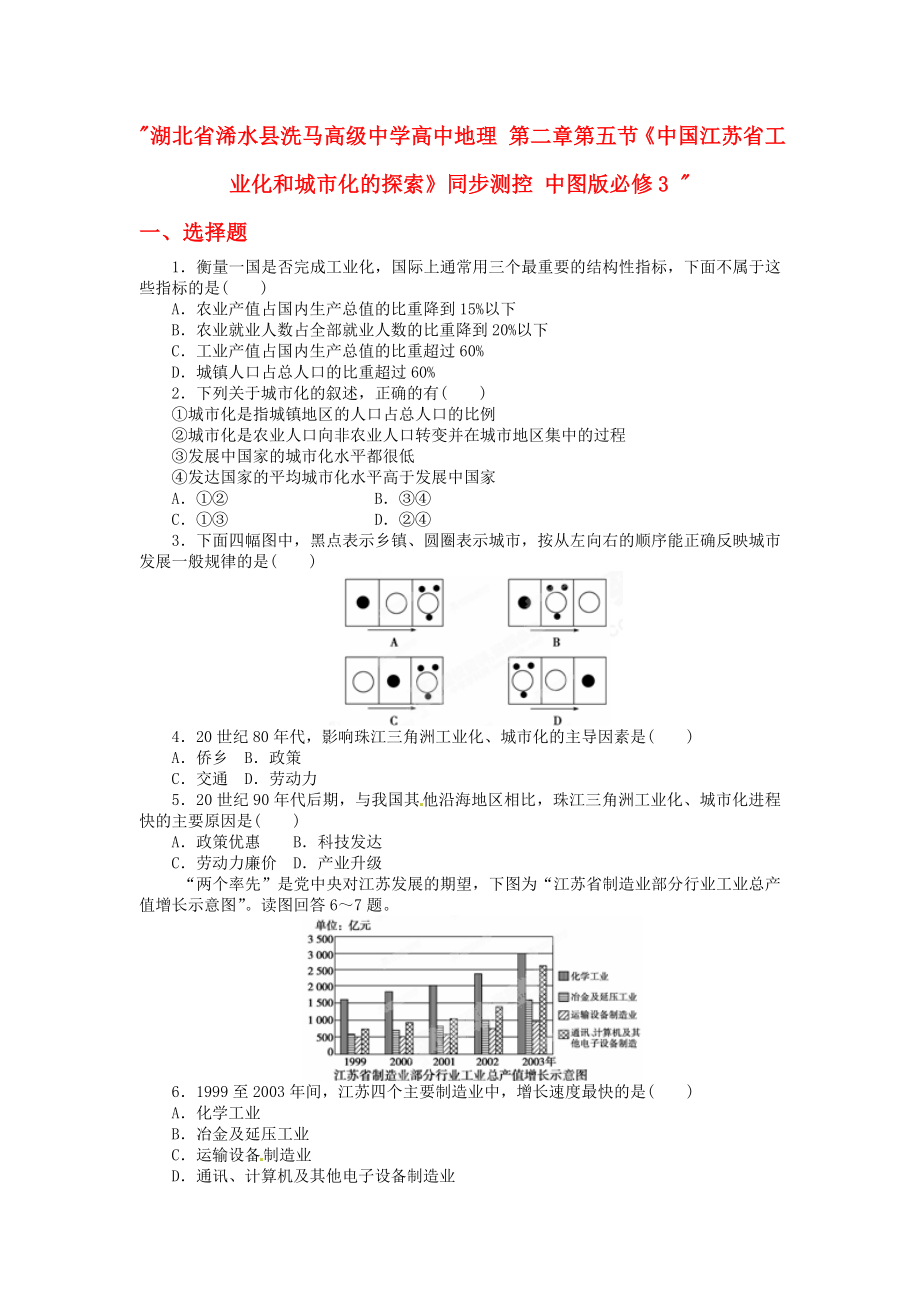 湖北省浠水縣洗馬高級中學(xué)高中地理 第二章第五節(jié)《中國江蘇省工業(yè)化和城市化的探索》同步測控 中圖版必修3_第1頁