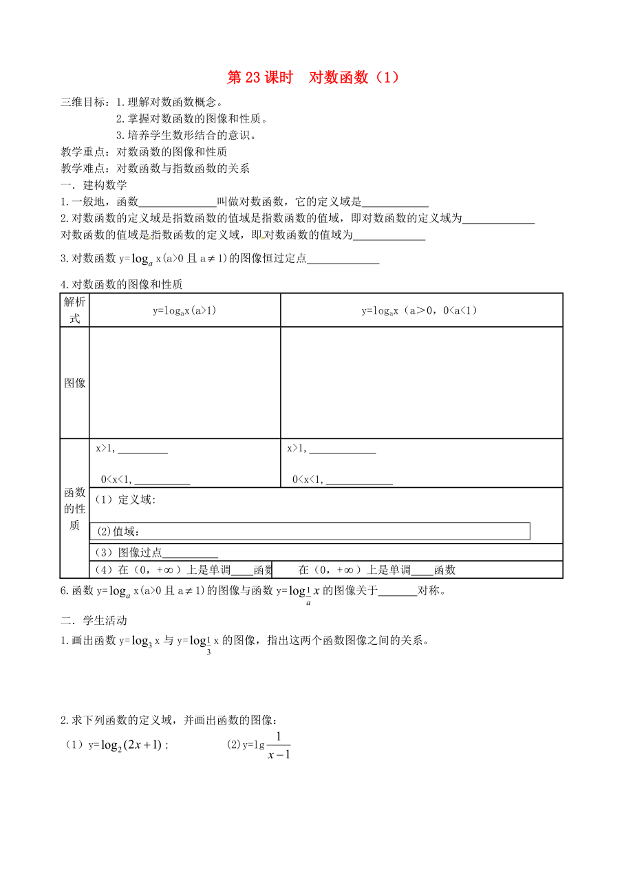 江苏省江阴市要塞中学高中数学第23课时对数函数教学案无答案苏教版必修1_第1页