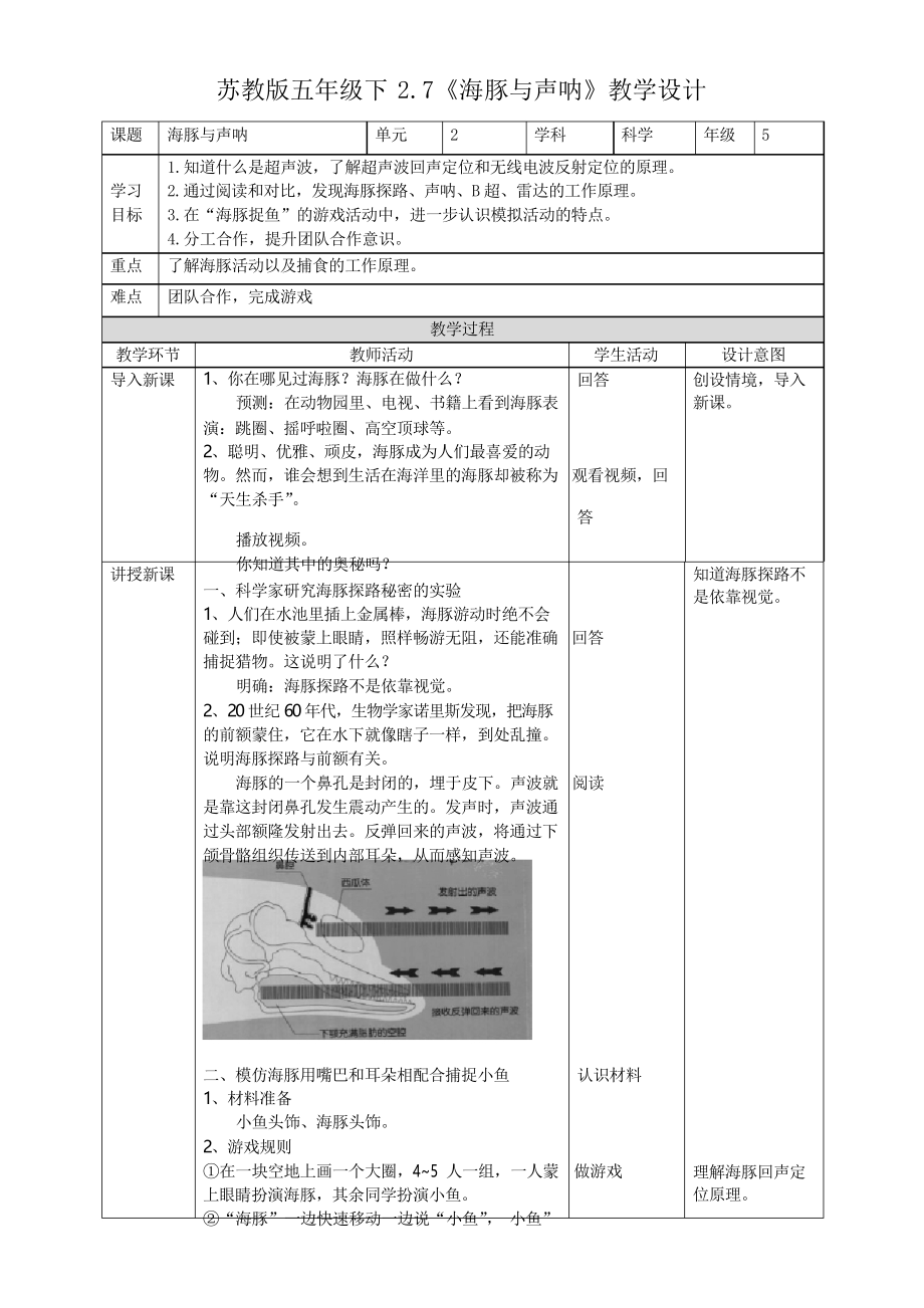 新蘇教版五年級科學下冊7《海豚與聲吶》表格式教案_第1頁