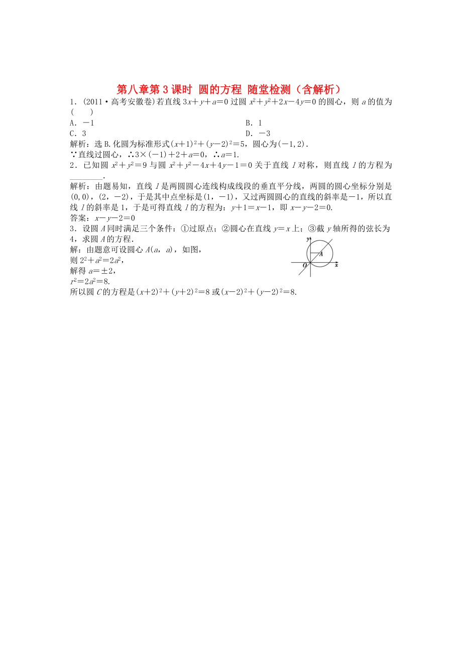 （安徽專用）2013年高考數(shù)學(xué)總復(fù)習(xí) 第八章第3課時(shí) 圓的方程隨堂檢測(cè)（含解析）_第1頁(yè)