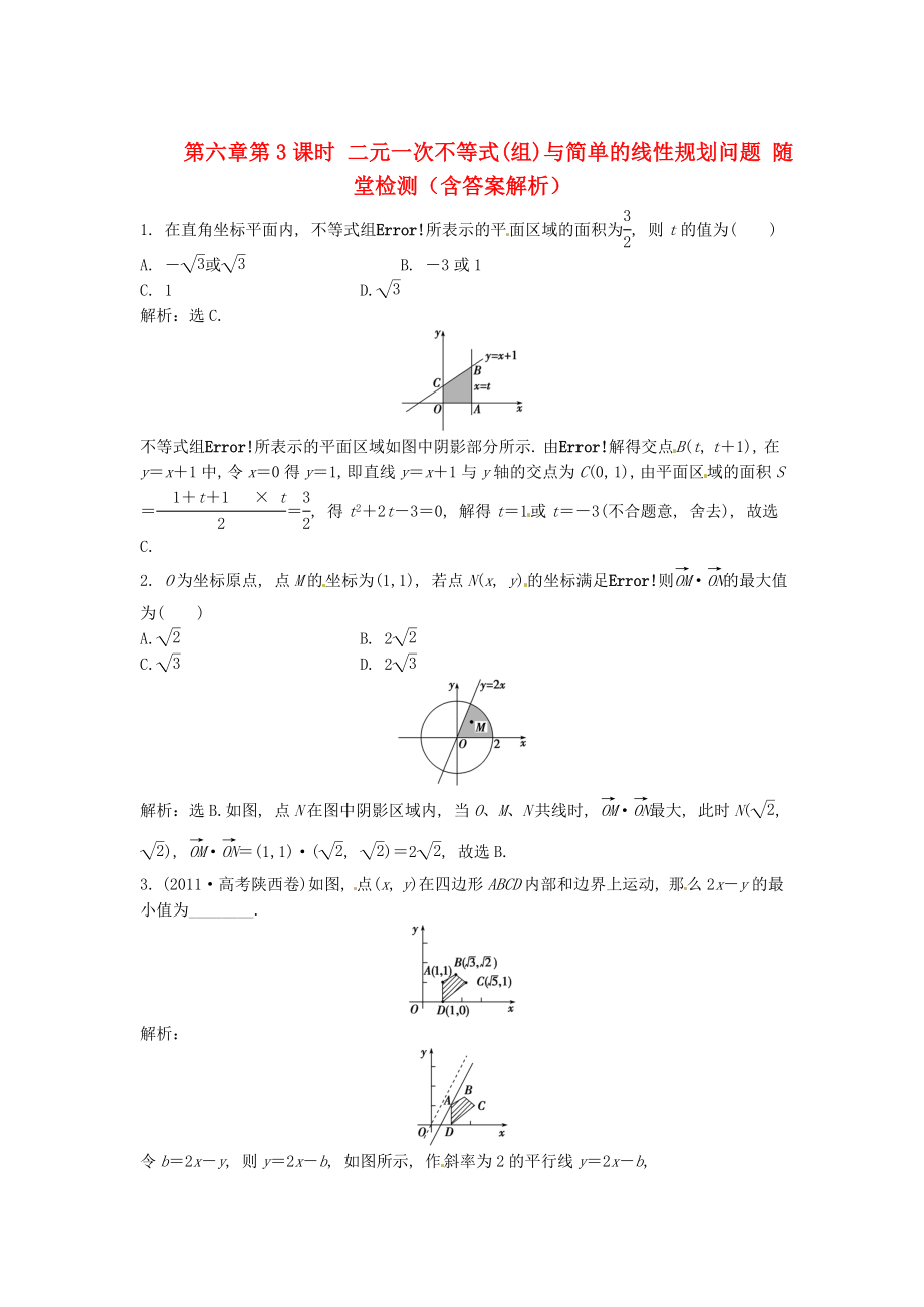 （安徽專用）2013年高考數(shù)學(xué)總復(fù)習(xí) 第六章第3課時(shí) 二元一次不等式(組)與簡(jiǎn)單的線性規(guī)劃問題隨堂檢測(cè)（含解析）_第1頁