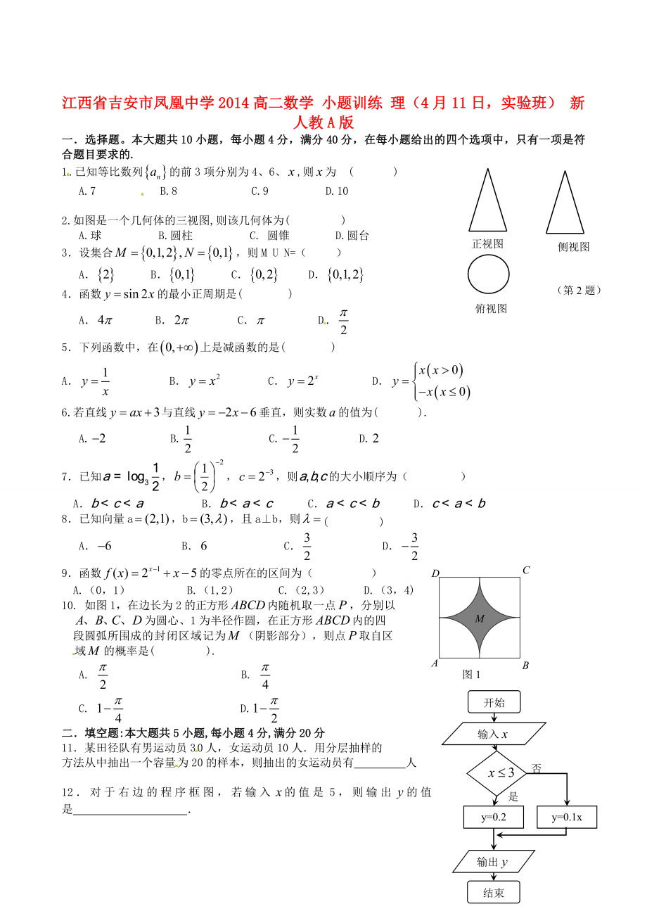 江西省吉安市鳳凰中學(xué)2014高二數(shù)學(xué) 小題訓(xùn)練 理（4月11日實(shí)驗(yàn)班） 新人教A版_第1頁