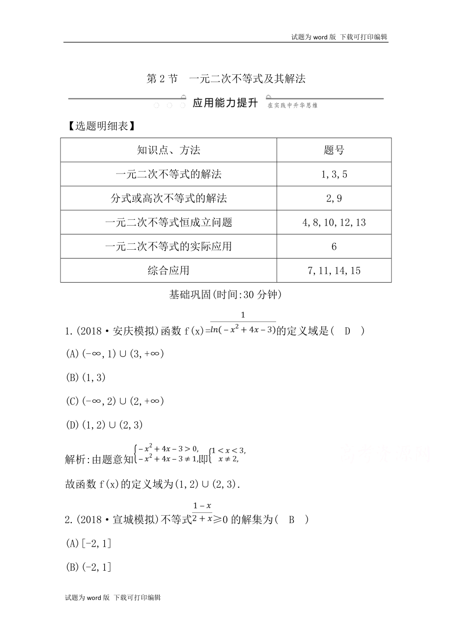 版導與練一輪復習理科數(shù)學習題：第六篇　不等式必修5 第2節(jié)　一元二次不等式及其解法 Word版含解析_第1頁