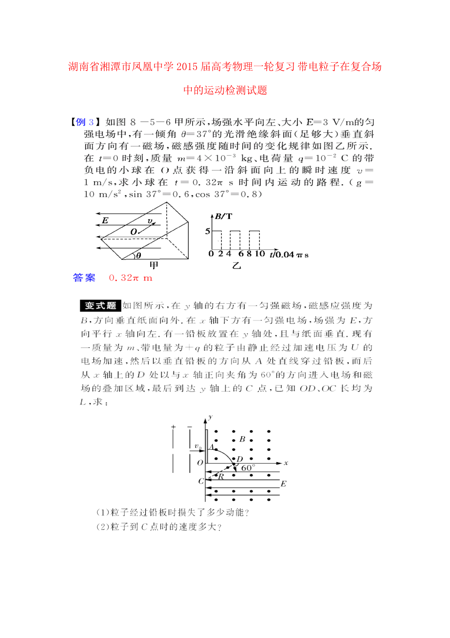 湖南省湘潭市鳳凰中學(xué)2015屆高考物理一輪復(fù)習(xí) 帶電粒子在復(fù)合場(chǎng)中的運(yùn)動(dòng)檢測(cè)試題（圖片版）_第1頁