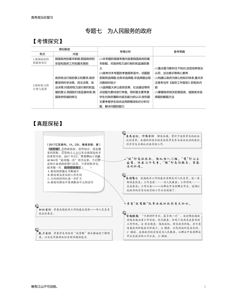 江苏版高中思政高考总复习专题七《为人民服务的政府(试题练）》教学讲练_第1页