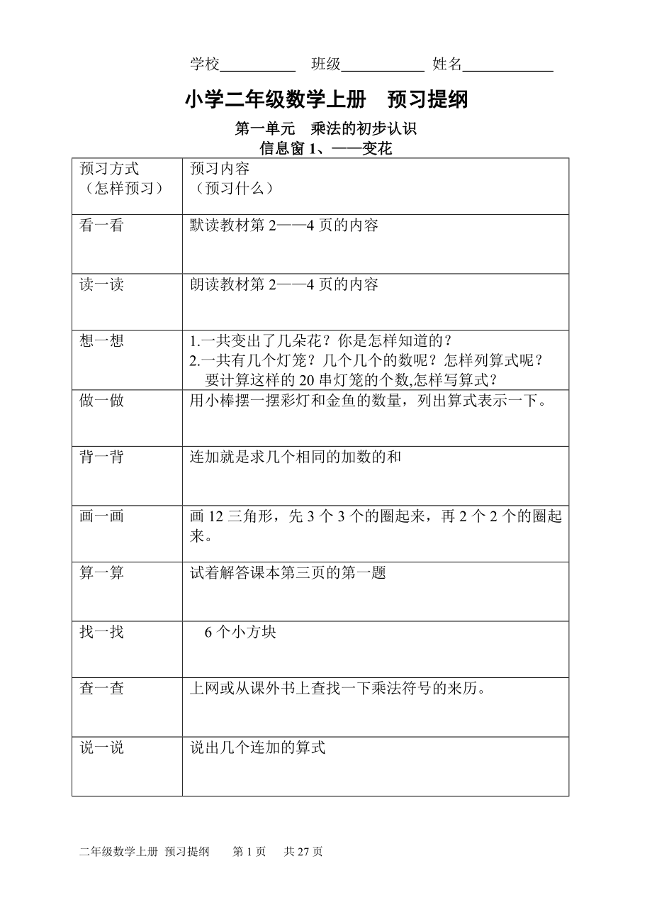 罡城整合小學二年級數(shù)學上冊預習提綱_第1頁