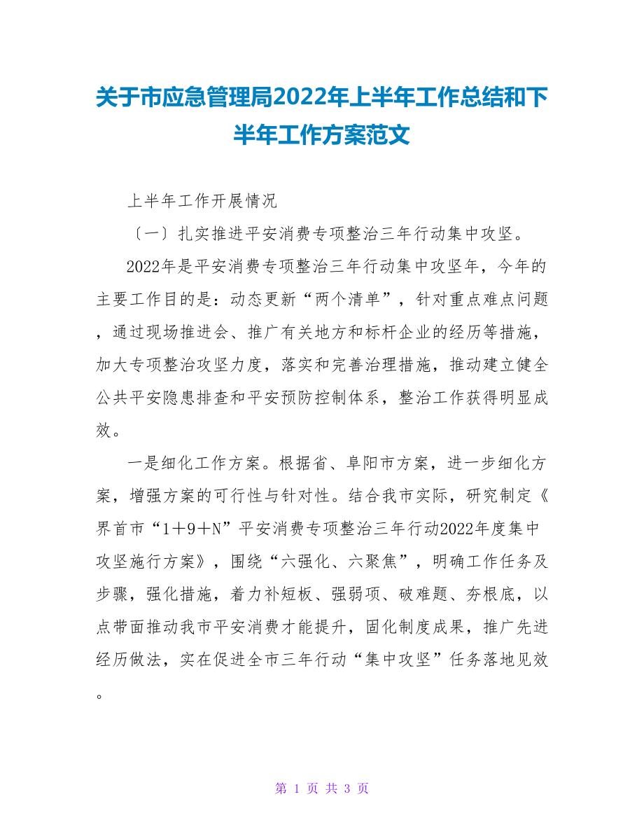 关于市应急管理局2022年上半年工作总结和下半年工作计划范文_第1页