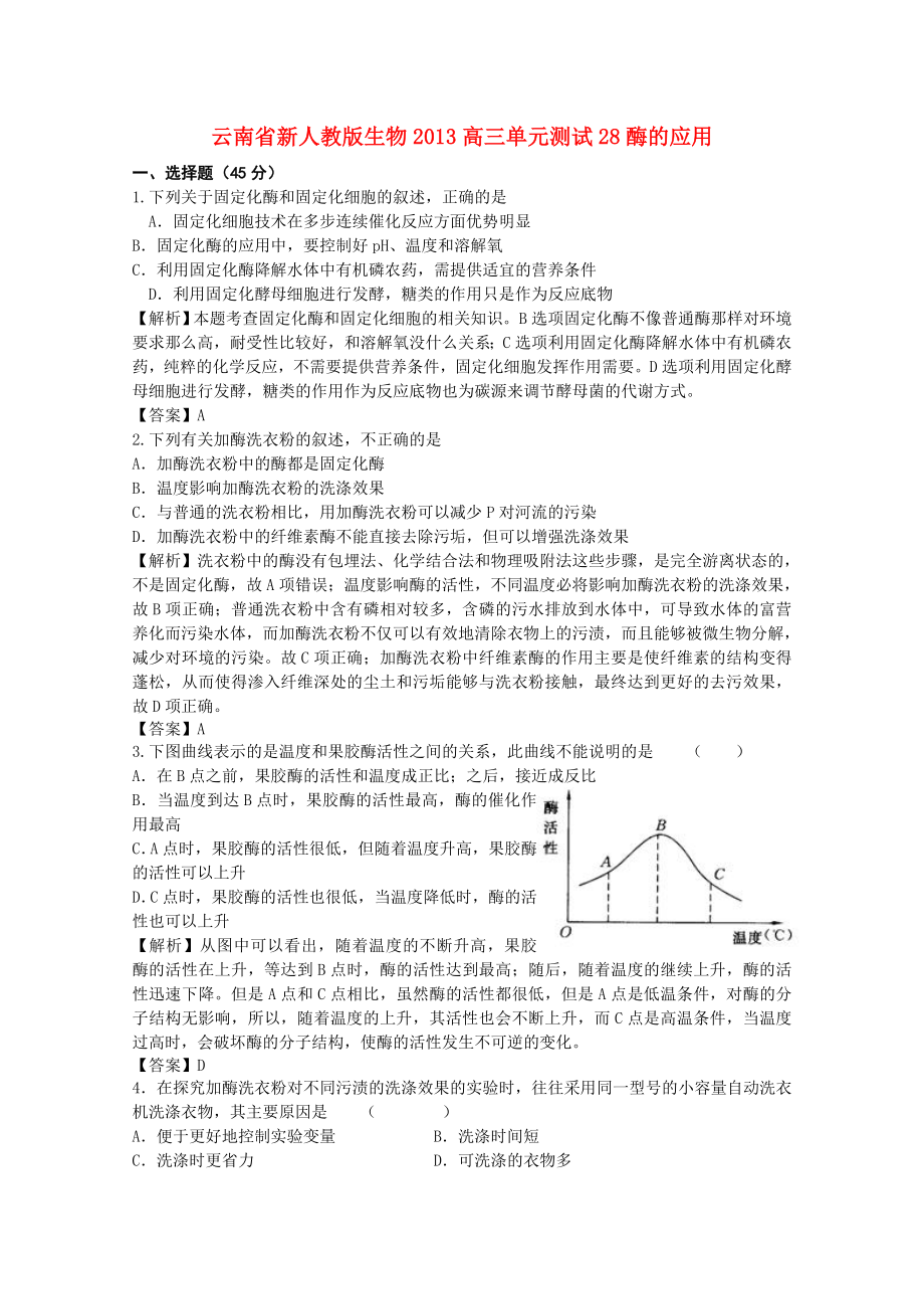 云南省2013年高三生物 單元測(cè)試28《酶的應(yīng)用》新人教版_第1頁(yè)