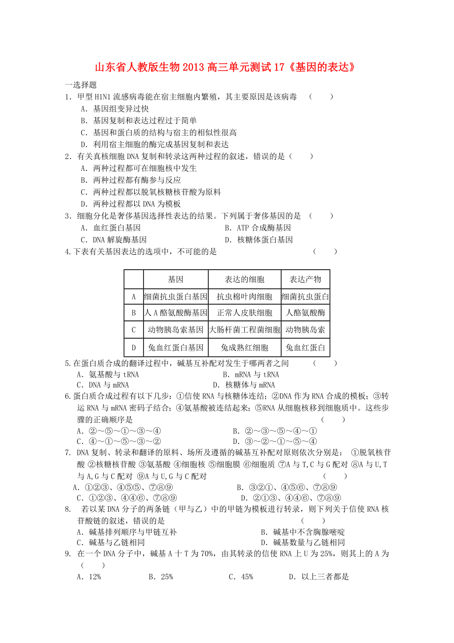 山東省2013高三生物 單元測試17《基因的表達1》新人教版_第1頁