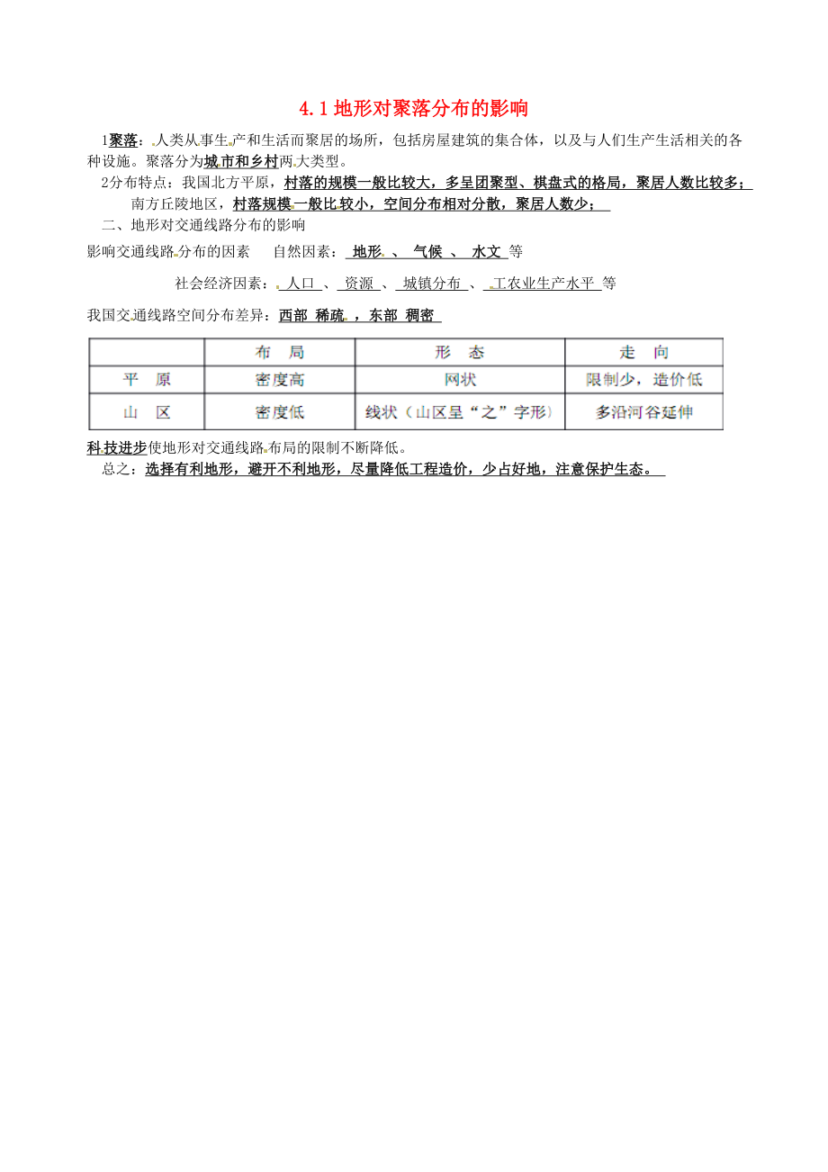 重庆市江津五中高中地理 4.1地形对聚落分布的影响知识点总结 新人教版必修1_第1页