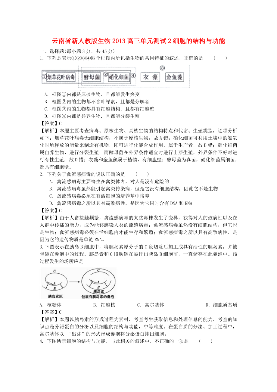 云南省2013年高三生物 單元測試2《細胞的結構與功能》新人教版_第1頁