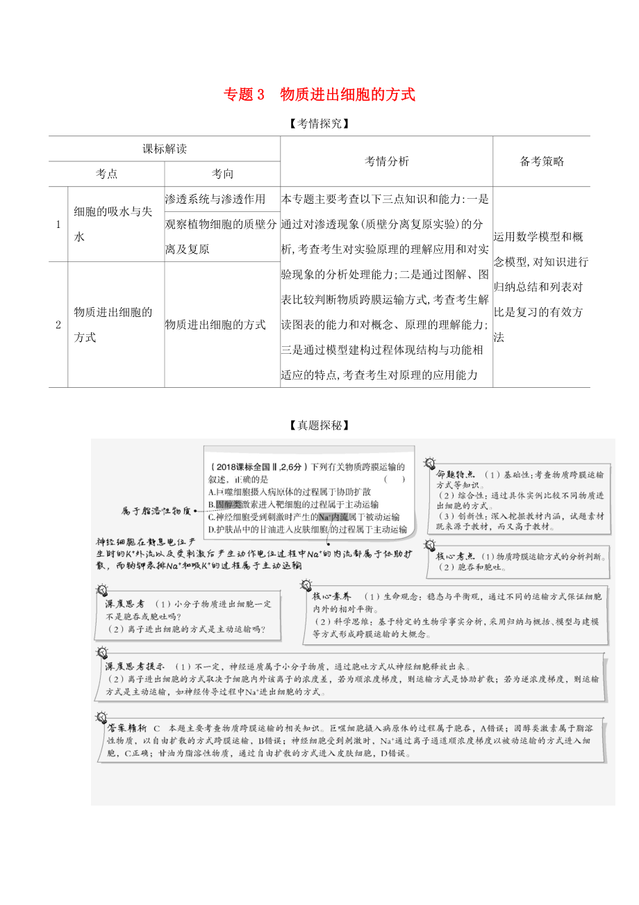 广东省2021高考生物一轮复习专题3物质进出细胞的方式精练含解析_第1页