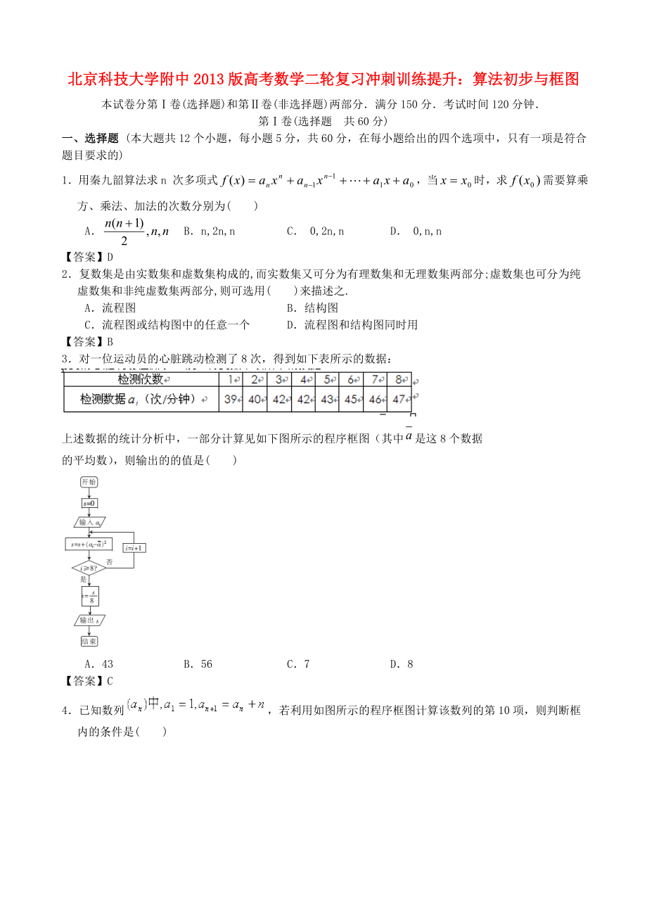 北京科技大學(xué)附中2013版高考數(shù)學(xué)二輪復(fù)習(xí) 沖刺訓(xùn)練提升 算法初步與框圖_第1頁(yè)