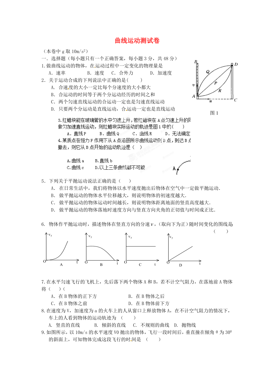 浙江省蒼南縣巨人中學(xué)2014-2015學(xué)年高中物理 曲線運(yùn)動(dòng)測試 新人教版必修1_第1頁