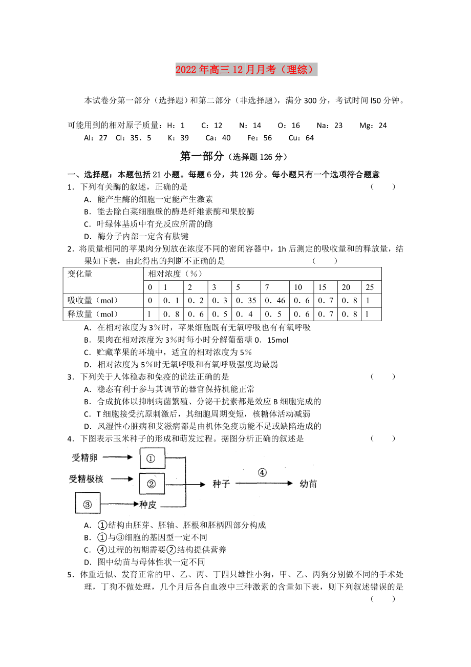 2022年高三12月月考（理综）_第1页