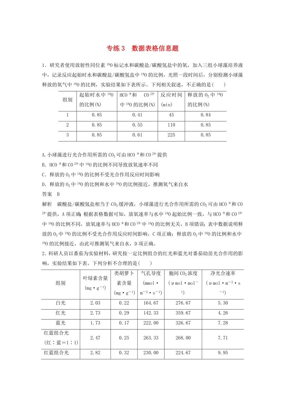 浙江專用2020年高考生物考前增分專項練輯專項3高考答題模板專練專練3數(shù)據(jù)表格信息題含解析_第1頁