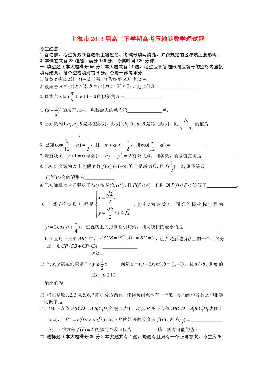 上海市2013届高考数学压轴试题 理_第1页