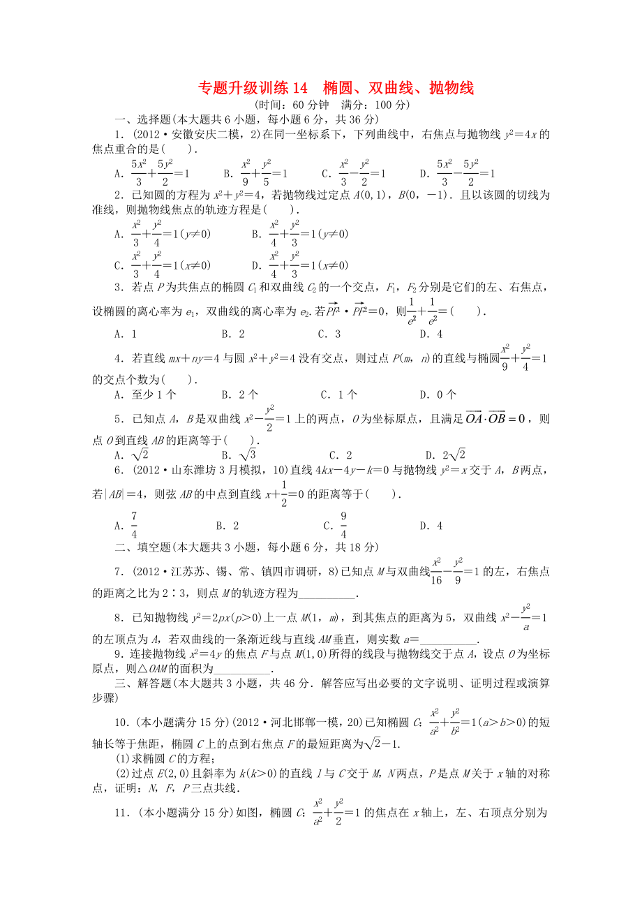 山東省2013年高考數(shù)學(xué)第二輪復(fù)習(xí) 專題升級訓(xùn)練14 橢圓、雙曲線、拋物線專題升級訓(xùn)練卷(附答案) 文_第1頁