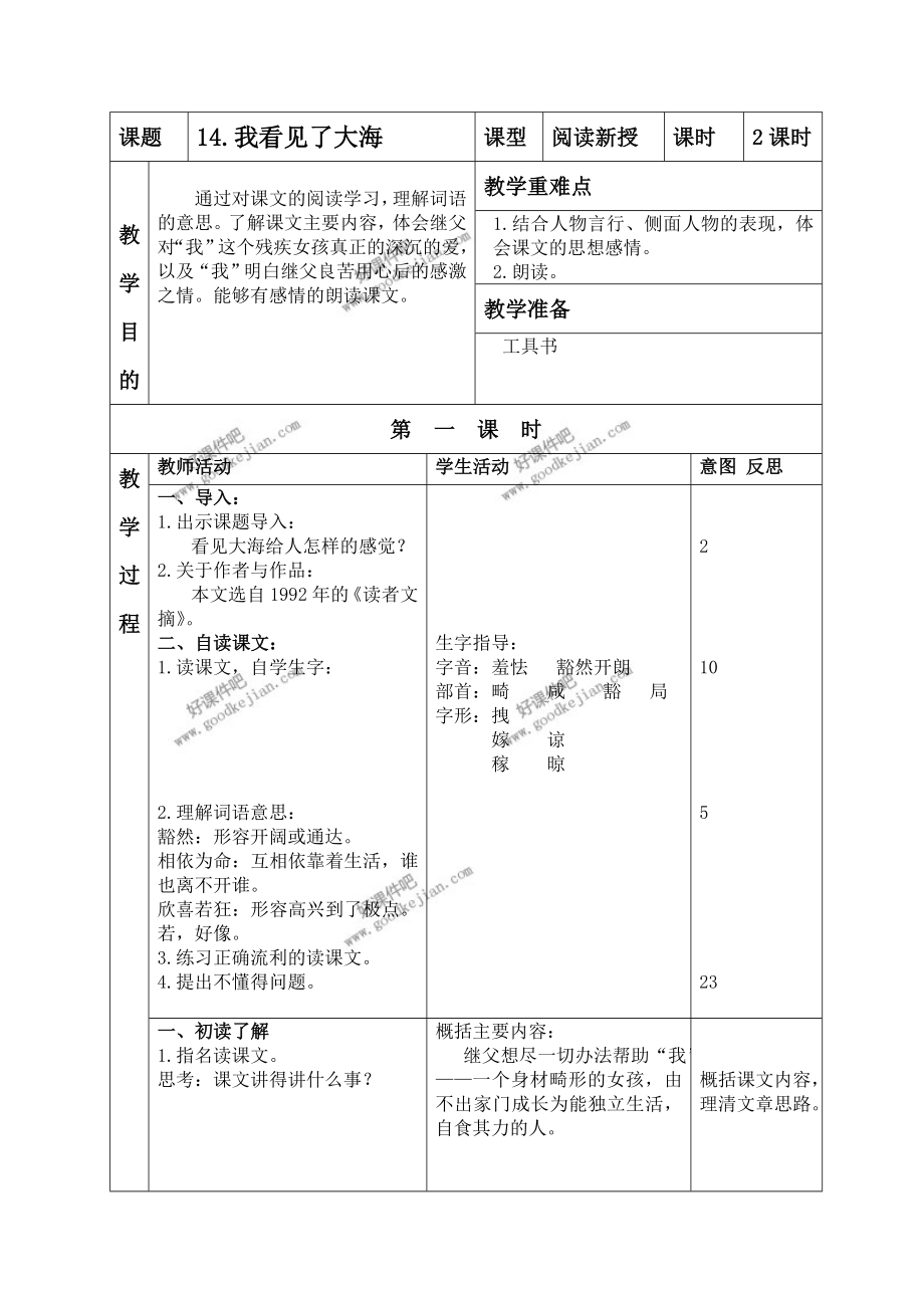 北京版六年级下册语文教案我看见了大海2_第1页