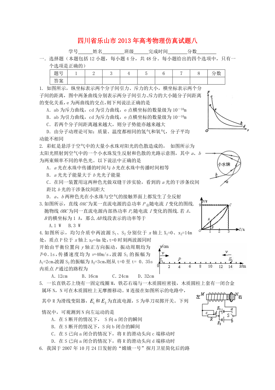 四川省樂山市2013年高考物理 仿真試題八_第1頁