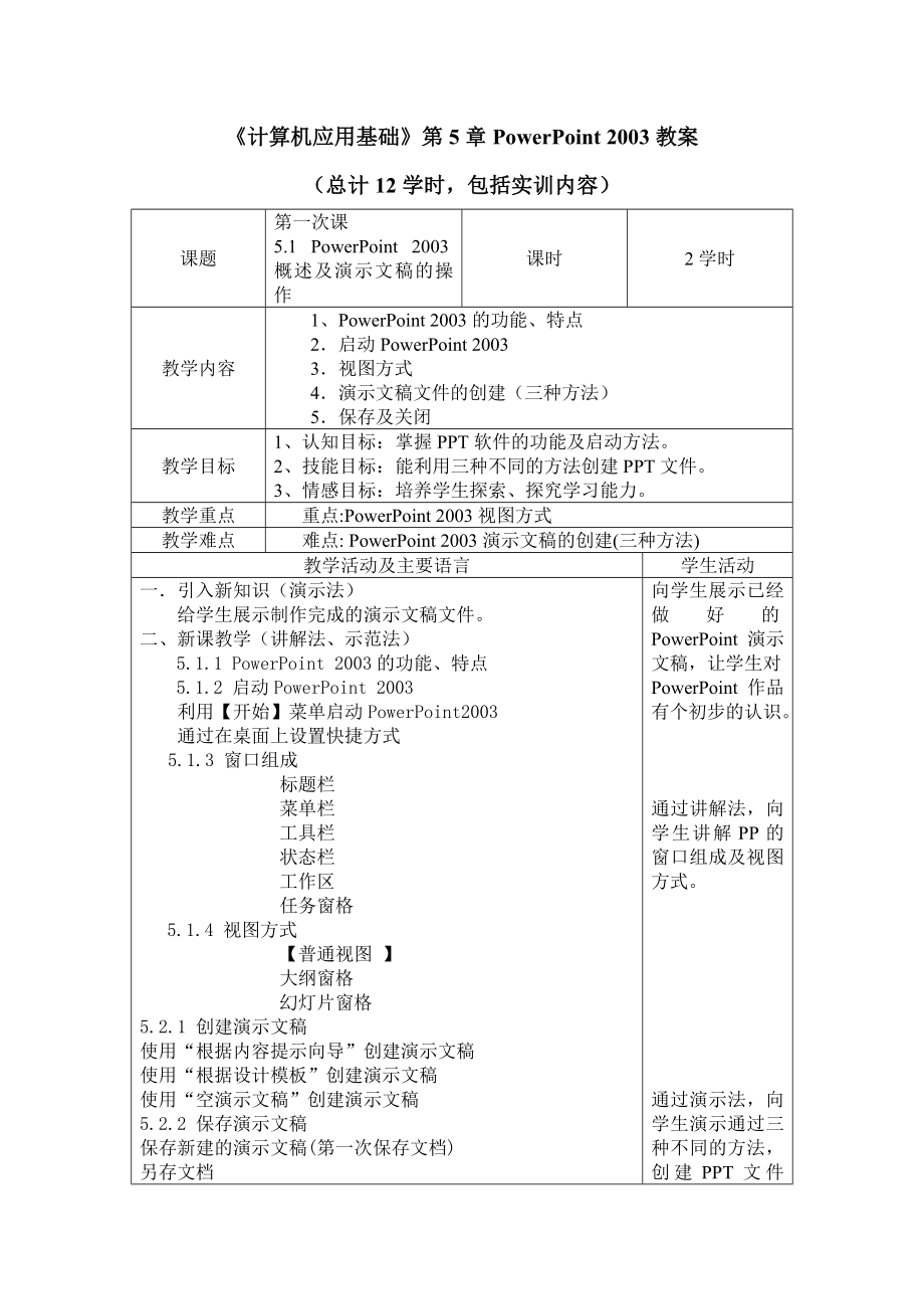 計(jì)算機(jī)應(yīng)用基礎(chǔ)第5章PowerPoint 2003教案_第1頁