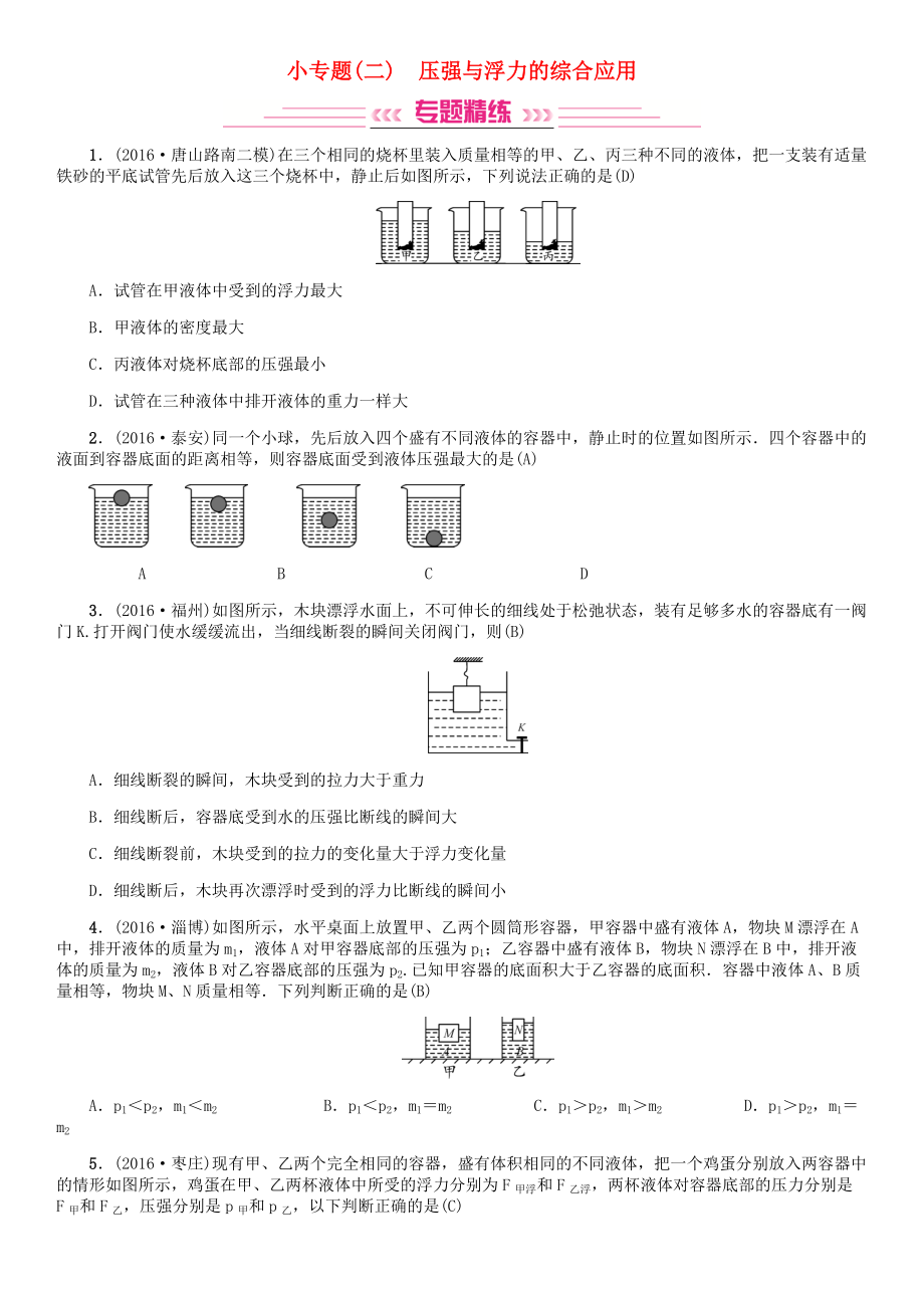 中考物理复习小专题二压强与浮力的综合应用试题_第1页