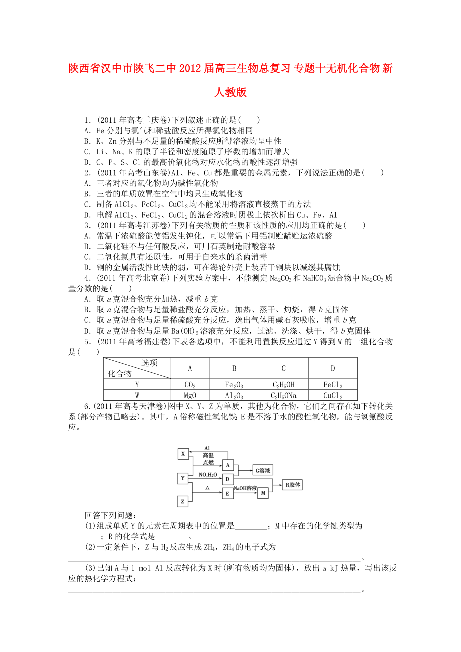 陜西省漢中市陜飛二中2012屆高三生物總復(fù)習(xí) 專題十無機化合物 新人教版_第1頁