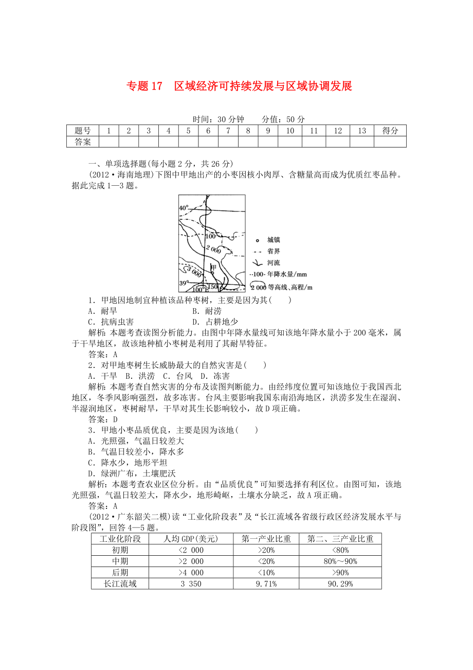 安徽省阜陽(yáng)市2013屆高三地理二輪測(cè)試 專(zhuān)題17 區(qū)域經(jīng)濟(jì)可持續(xù)發(fā)展與區(qū)域協(xié)調(diào)發(fā)展_第1頁(yè)