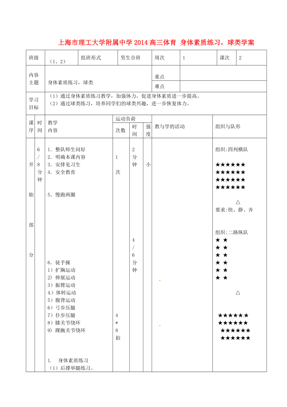 上海市理工大学附属中学2014高三体育 身体素质练习球类学案_第1页