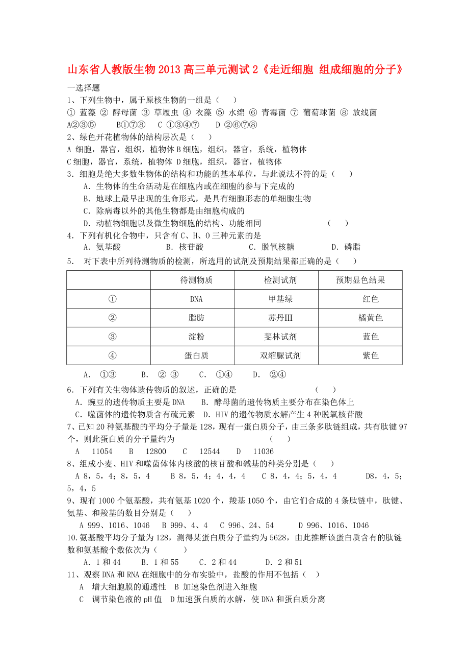 山東省2013高三生物 單元測試2《走近細胞組成細胞的分子2》新人教版_第1頁