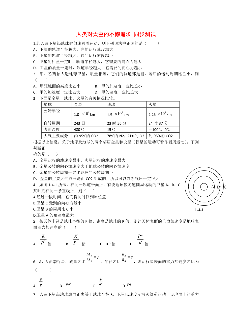 山東省2014－2015年高中物理 第5章 第3節(jié) 人類對太空的不懈追求同步測試 魯科版必修2_第1頁