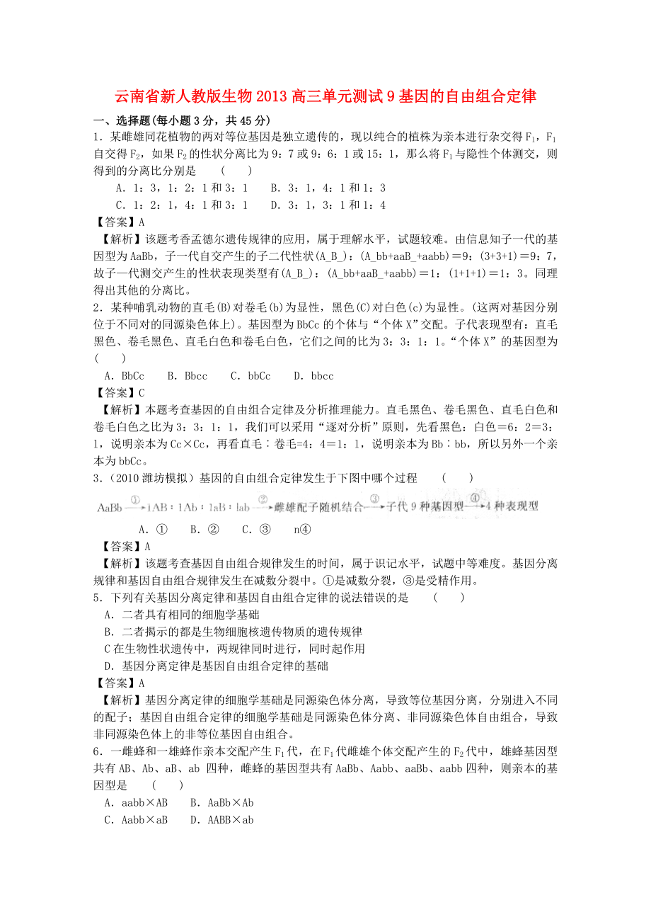 云南省2013年高三生物 單元測(cè)試9《基因的自由組合定律》新人教版_第1頁(yè)