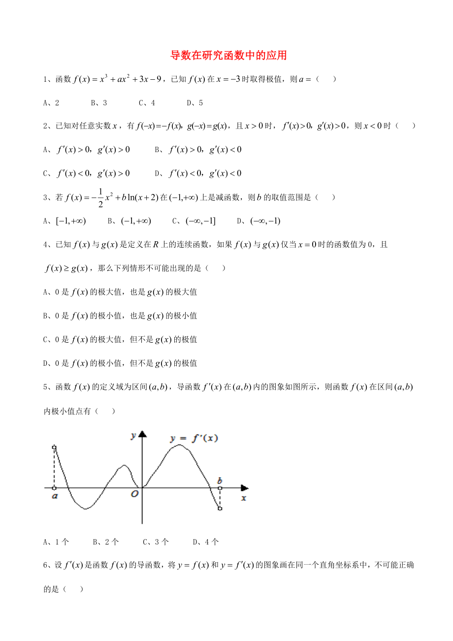 天津市2013屆高三數(shù)學(xué)總復(fù)習(xí) 綜合專題 導(dǎo)數(shù)在研究函數(shù)中的應(yīng)用（學(xué)生版）_第1頁