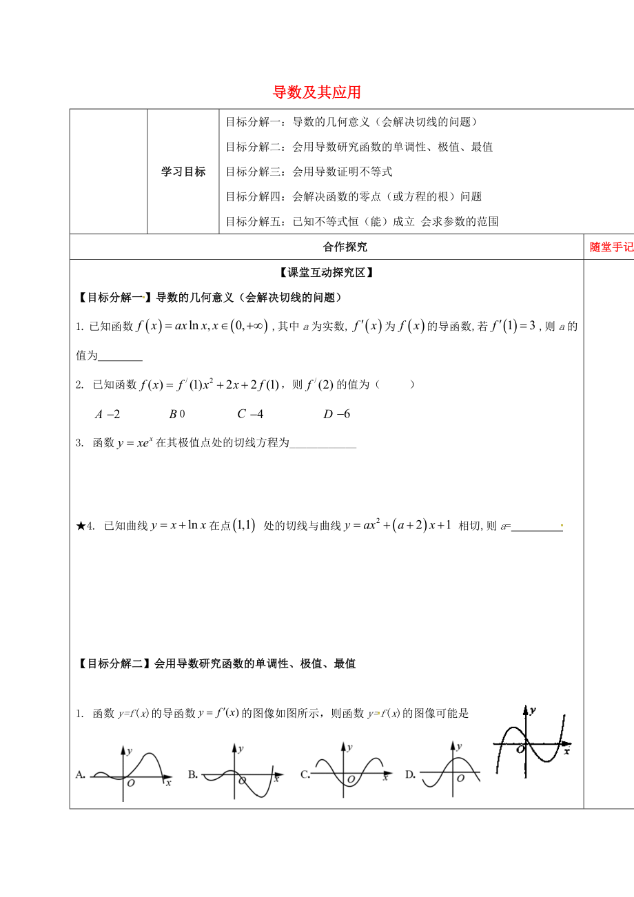 山东省胶州市2018届高考数学一轮复习专题导数及其应用学案无答案文_第1页