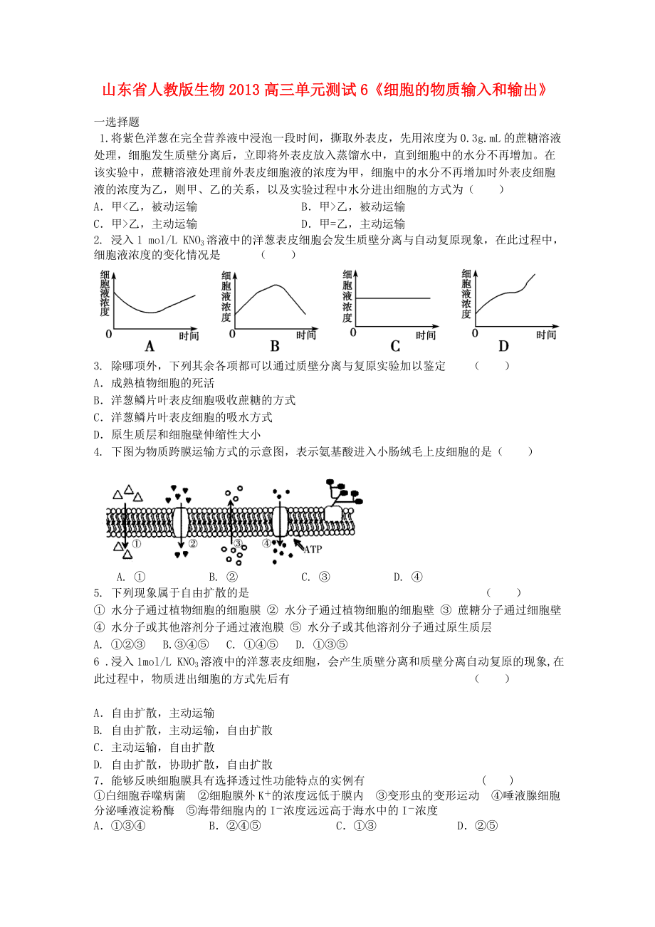 山東省2013高三生物 單元測(cè)試6《細(xì)胞的物質(zhì)輸入和輸出2》新人教版_第1頁(yè)