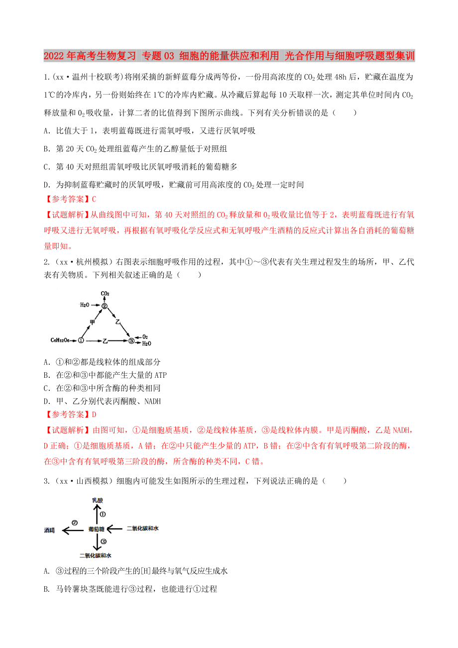 2022年高考生物复习 专题03 细胞的能量供应和利用 光合作用与细胞呼吸题型集训_第1页