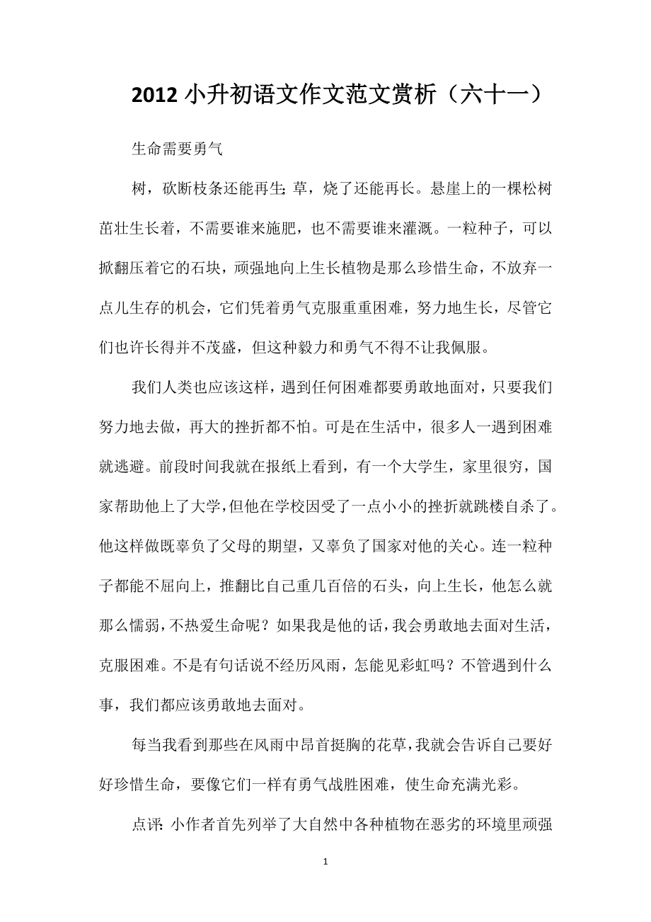 2012小升初语文作文范文赏析(六十一)_第1页