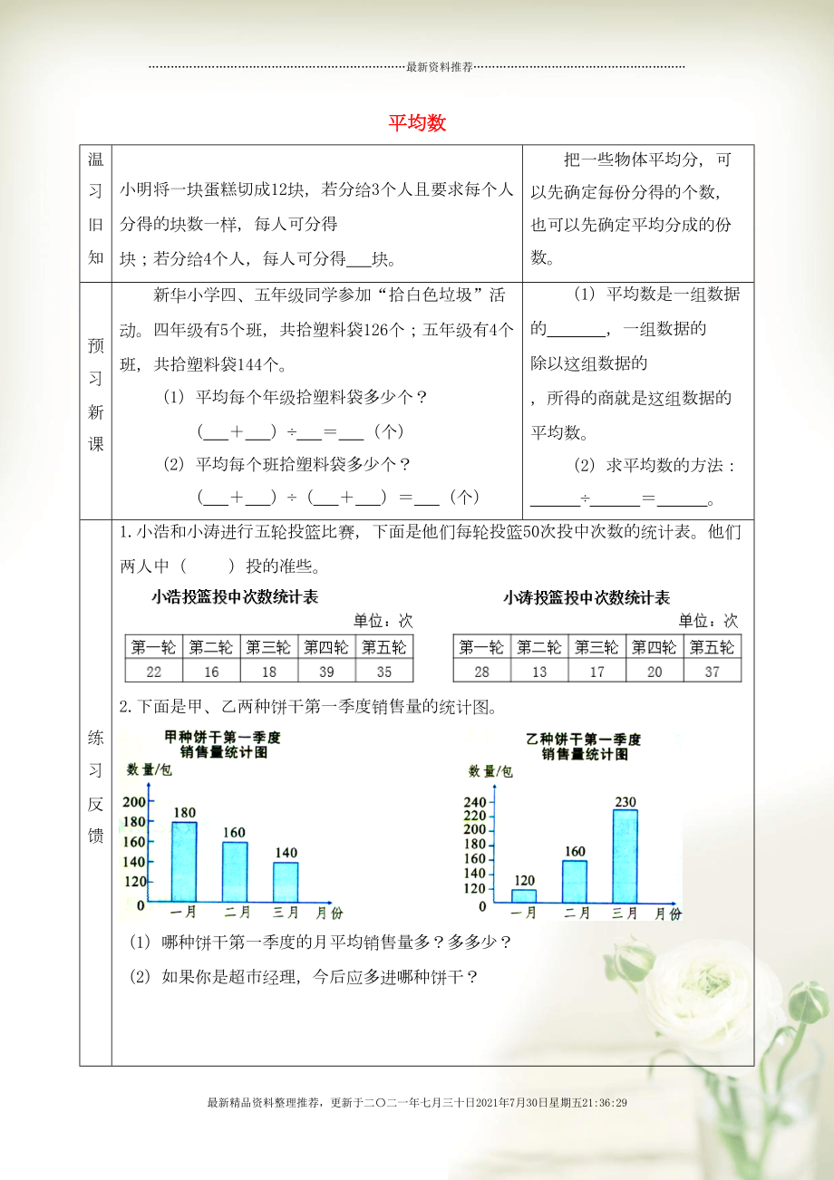 四年級(jí)數(shù)學(xué)上冊(cè) 四 統(tǒng)計(jì)表和條形統(tǒng)計(jì)圖（一）平均數(shù)預(yù)習(xí)學(xué)案 蘇教版(共2頁(yè)DOC)_第1頁(yè)