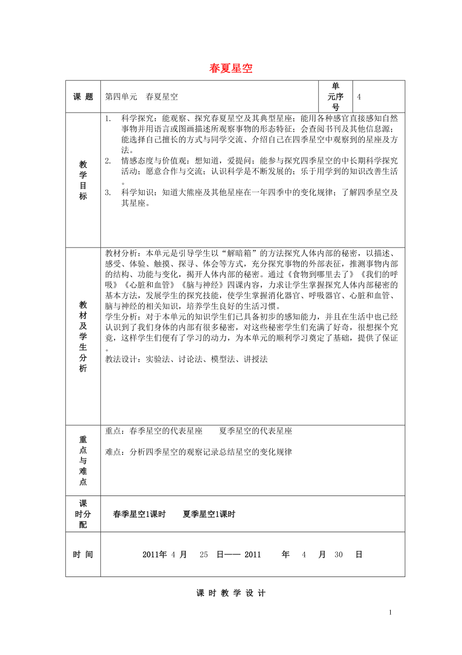 四年級(jí)科學(xué)下冊(cè)《春季星空》教案3 青島版(共6頁DOC)_第1頁