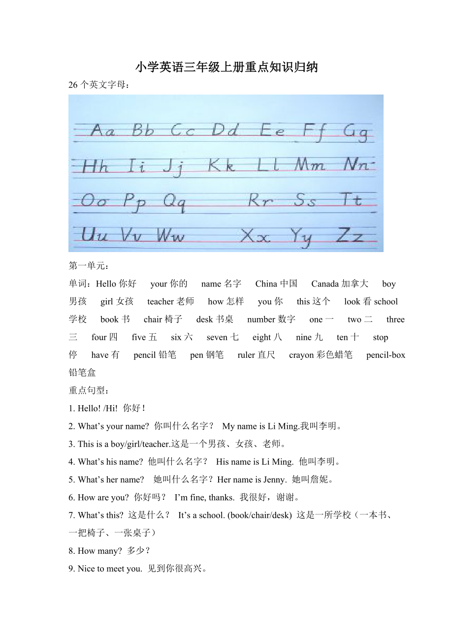 小学英语三年级上册重点知识归纳_第1页