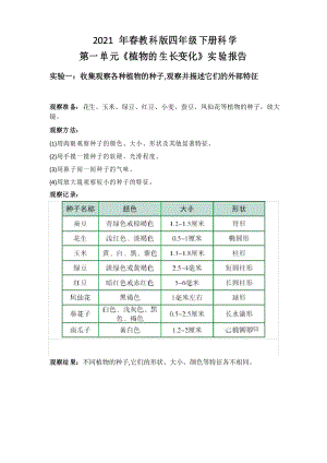 2021年春教科版四年級下冊科學(xué)第一單元《植物的生長變化》實(shí)驗(yàn)報(bào)告